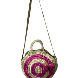 Unbranded Corn Husk Circle Beach Tote Pink Pom Poms 47 inch Leather Strap  Boho
